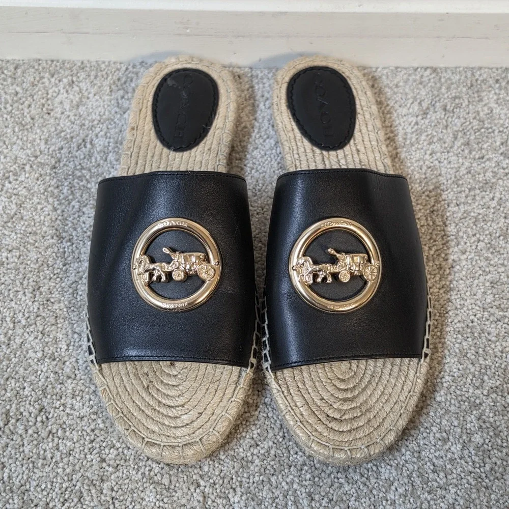 COACH Women's Camille Espadrill Black Leather Jute Footbed Sandals Shoes 7